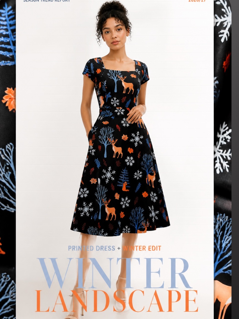 HOMRAIN Dress Reindeer Black Orange Fall Fit Flair Stretch Snowflake Holiday